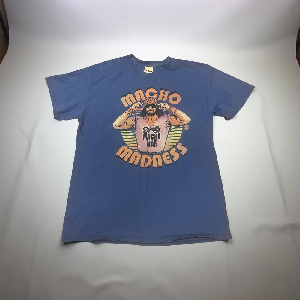 Macho Man Randy Savage Madness T‎ Shirt Blue Mens Graphic Tee retroCasual sz L